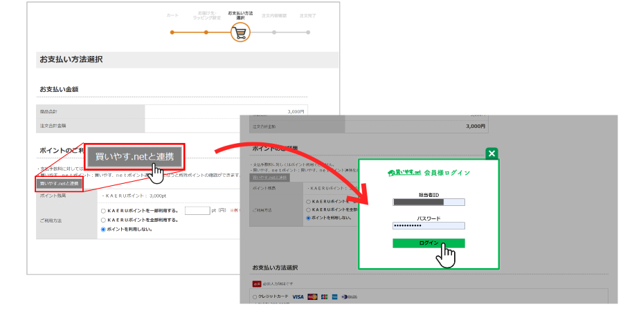 ［買いやす.netと連携］ボタンを押下し、担当者IDとパスワードでログインする